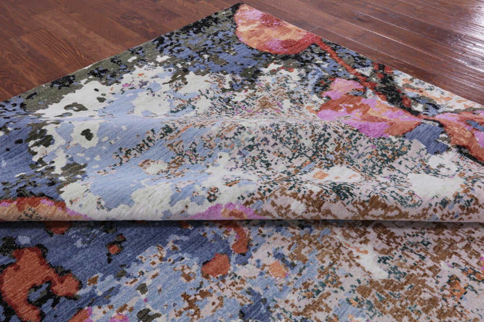 Modern Bird Design Hand Knotted Wool and Silk Rug 8' 11" X 12' 1" Q6831