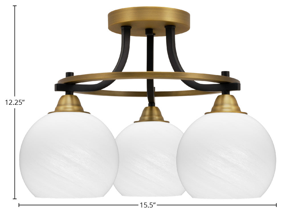 Paramount 3-Light Semi-Flush Light, Matte Black & Brass, 5.75" White Marble
