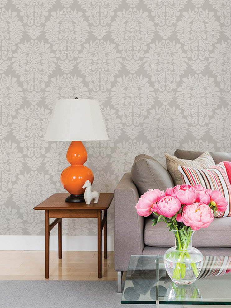 Classic Damask Peel and Stick Vinyl Wallpaper, Beige on Gray, 24"w X 60"h