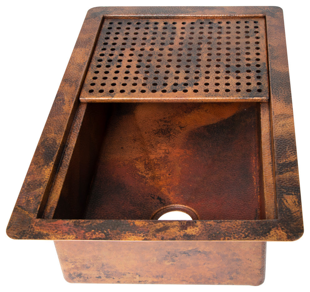 33" Drop-in One Bowl Hammered Copper Kitchen Sink w/ Removable Grill, 16 Gauge