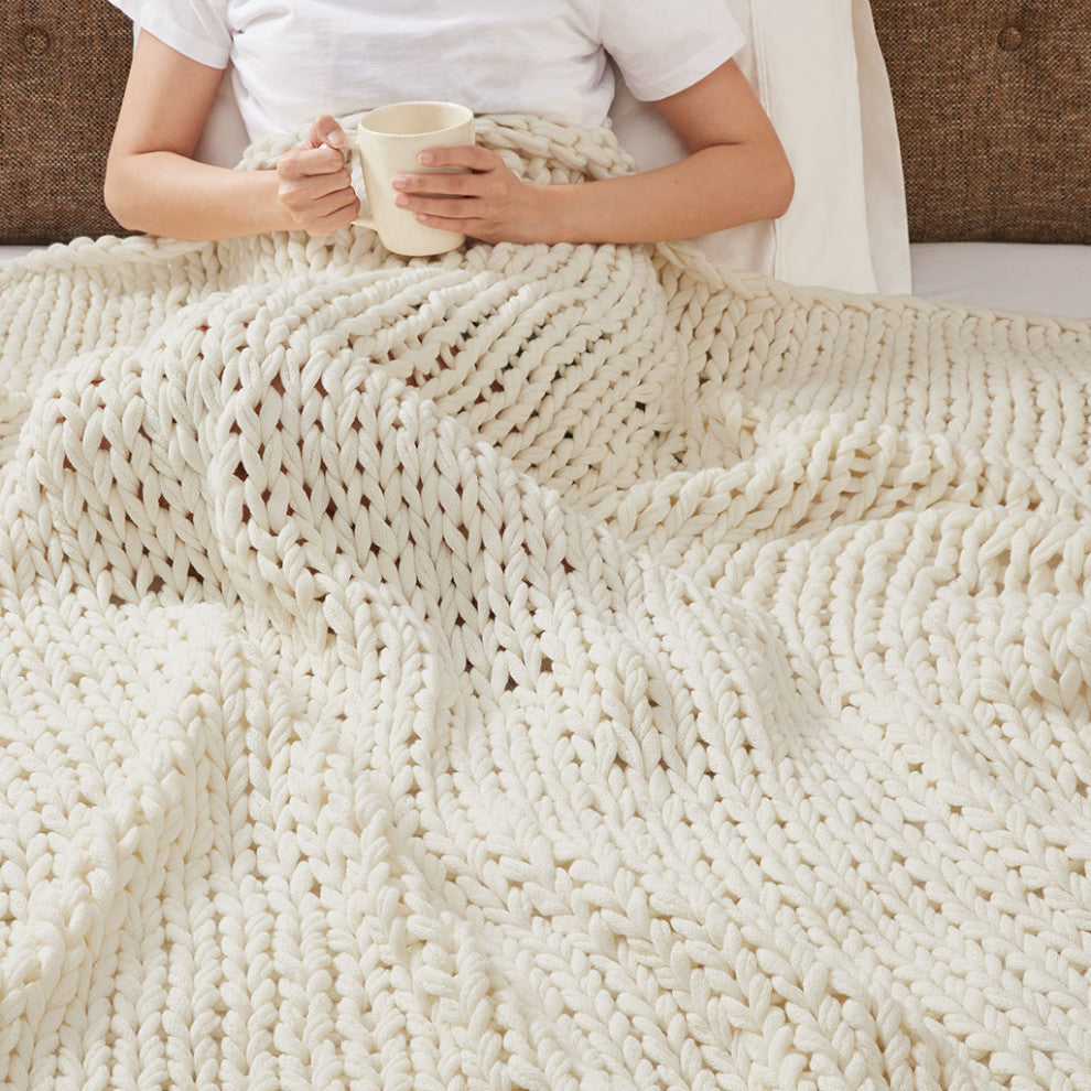 Madison Park Chunky Double Knit Handmade Throw Blanket, Blush, Ivory