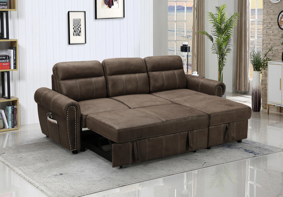 Hugo Brown Reversible Sleeper Sectional Sofa Chaise With USB Charger