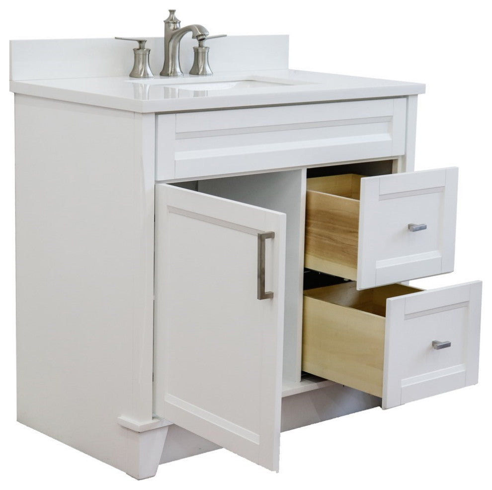 37" Single Sink Vanity, White Finish With White Engineered Stone Top