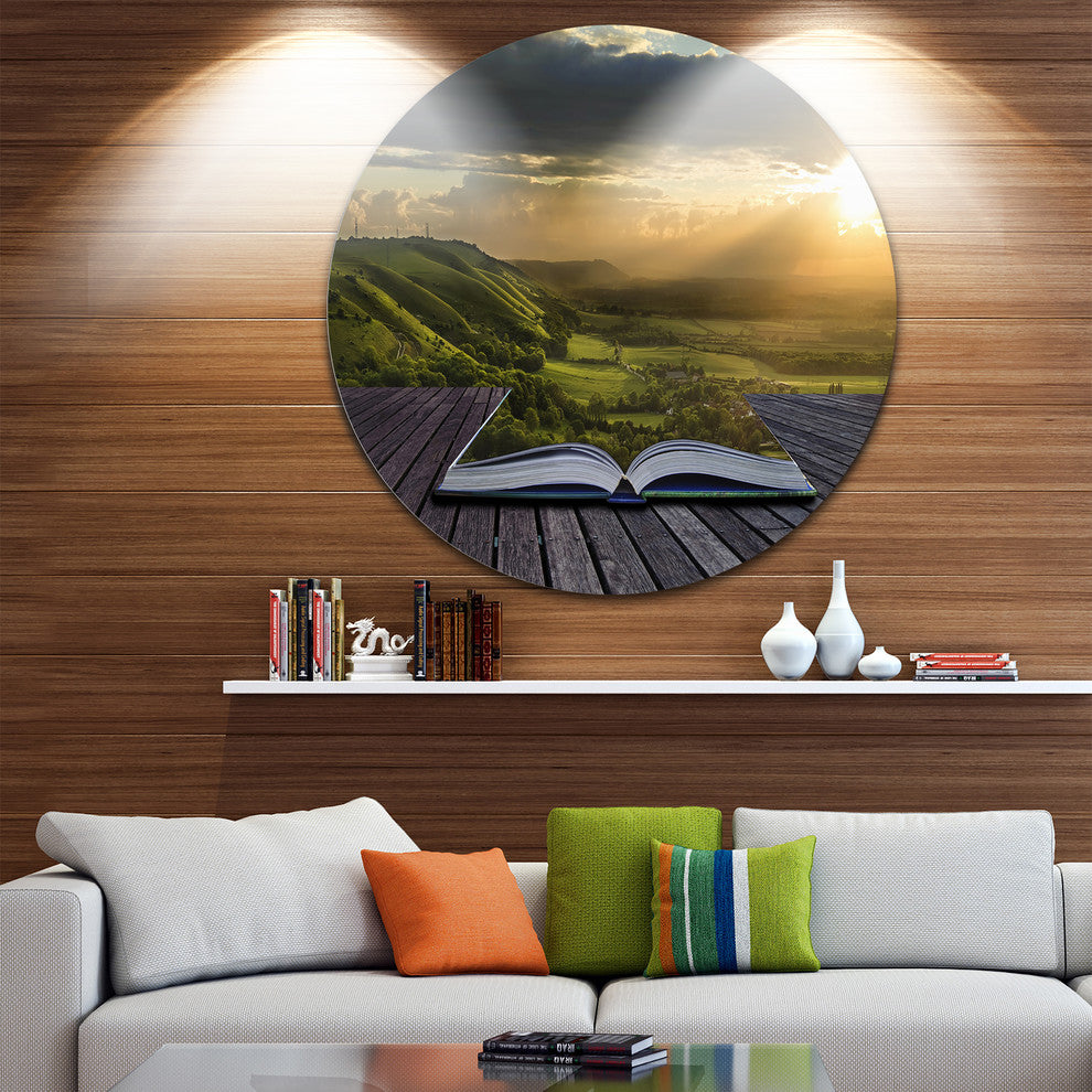 Open Book To Green Valley, Digital Art Landscape Round Wall Art, 11"