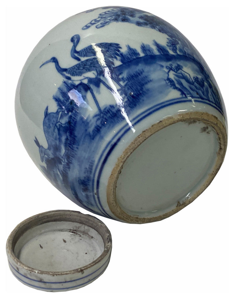 Hand-paint Longevity Crane Graphic Blue White Porcelain Ginger Jar Hws1749