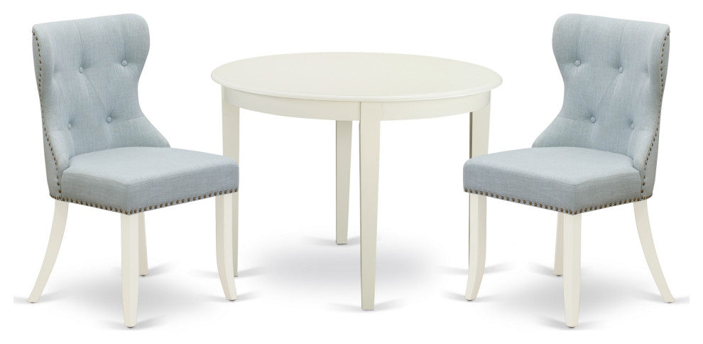 A Kitchen Set Of 2 Kitchen Chairs, Baby Blue Color, Dinner Table, Linen White