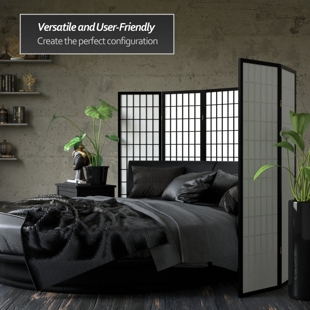 5' Tall Window Pane Shoji Screen, Black, 4 Panels