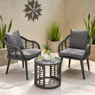 Cassie Outdoor Modern Boho 2-Seater Wicker Chat Set, Gray