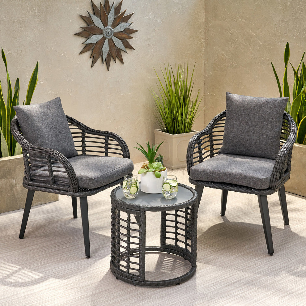 Cassie Outdoor Modern Boho 2-Seater Wicker Chat Set, Gray
