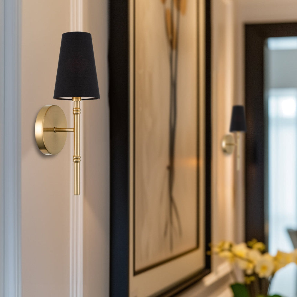 Kira Home Torche II 15" Wall Sconce/Wall Light + Black Linen Shade, Cool Brass