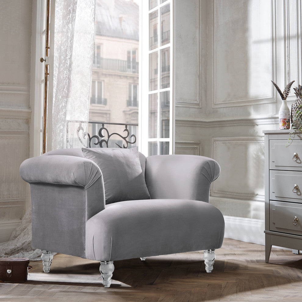 Elegance Contemporary Sofa Chair, Gray Velvet With Acrylic Legs