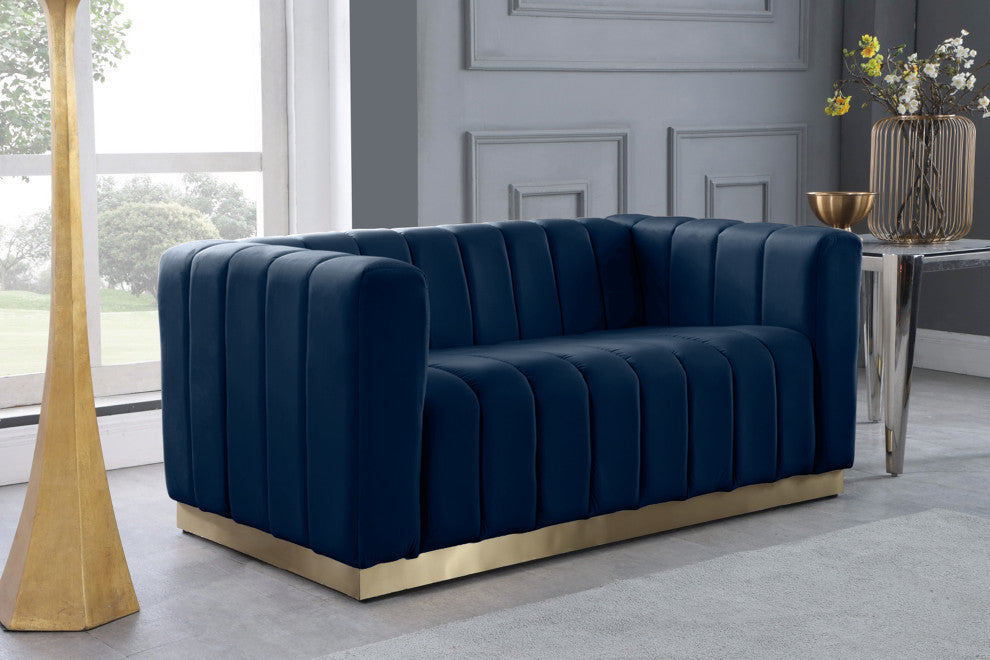Marlon Velvet Upholstered Loveseat, Navy