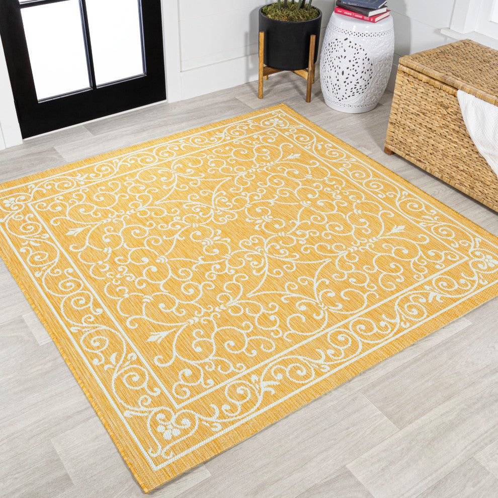 Charleston Filigree Textured Weave Indoor/Outdoor, Yellow/Cream, 5' Square