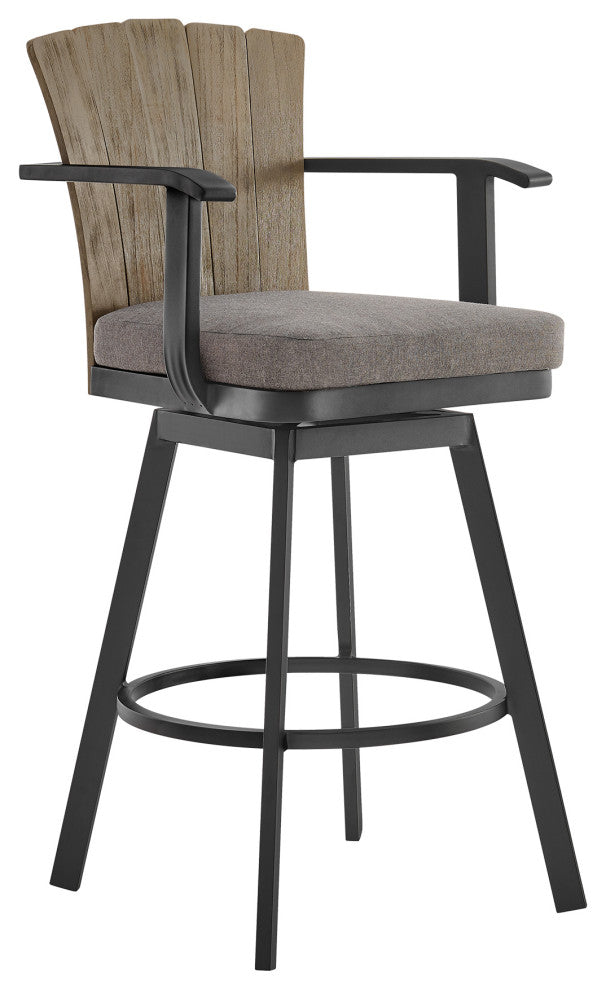 Hazel Outdoor Patio Swivel Bar Stool, Aluminum Teak Wood/Charcoal Cushion