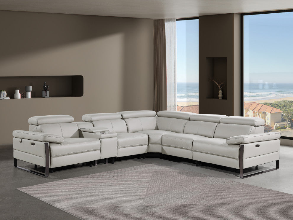 Antonio Italian Leather 6-Piece L-Shaped Power Reclining Sectional, Light Gray