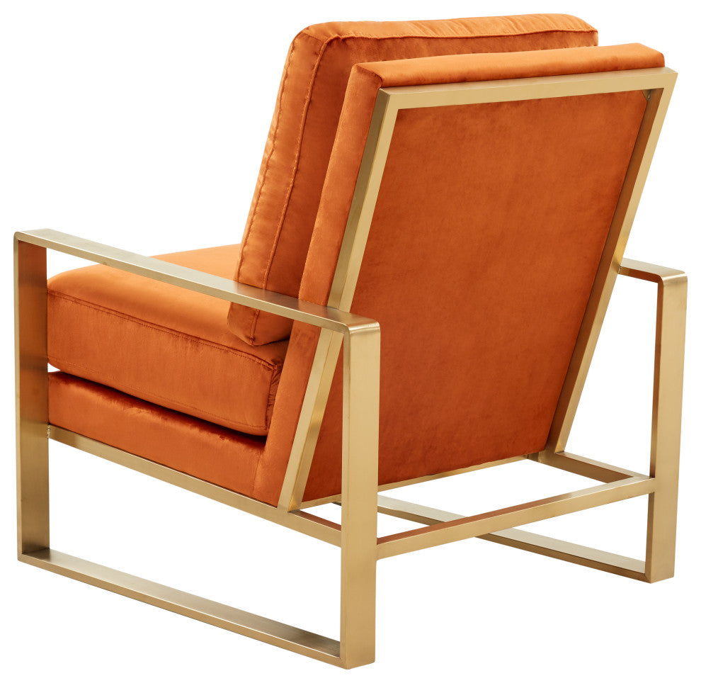 LeisureMod Jefferson Velvet Accent Armchair With Gold Frame, Orange Marmalade