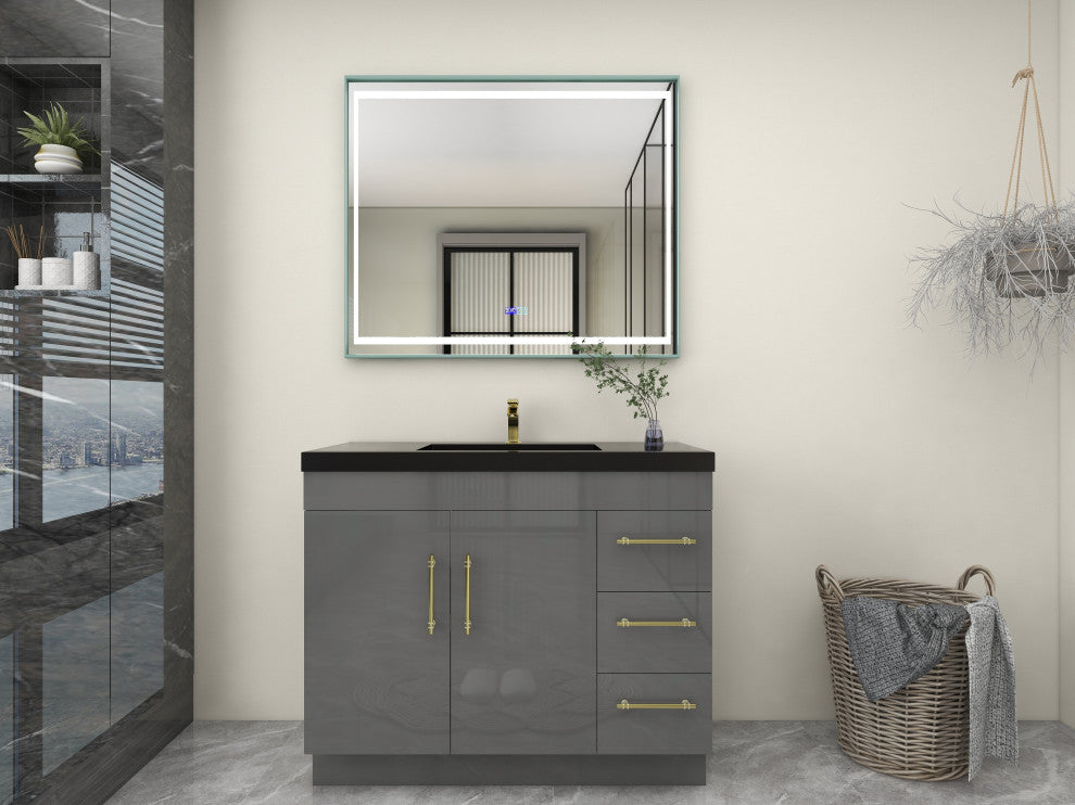 Rosa 42" Free Standing Modern Vanity, High Gloss Gray, Matt Black Top