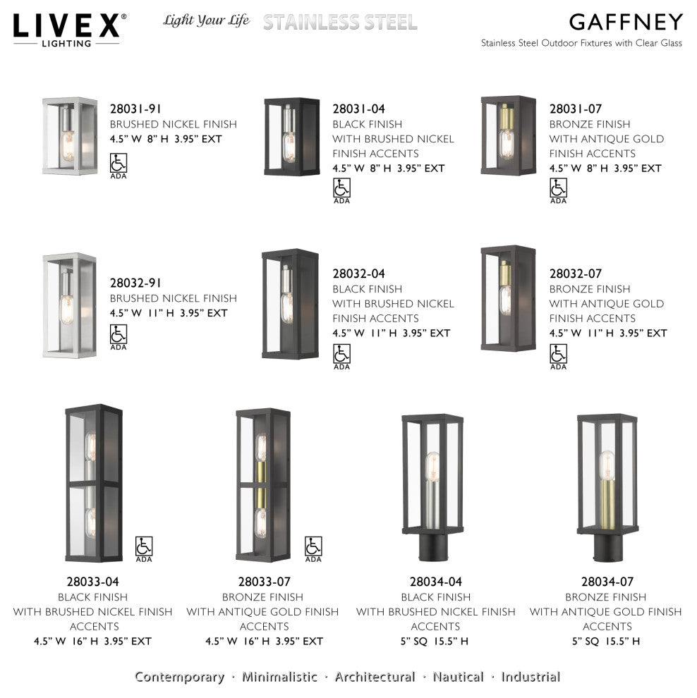 Gaffney 1-Light Black Outdoor ADA Medium Wall Lantern, Brushed Nickel Accents