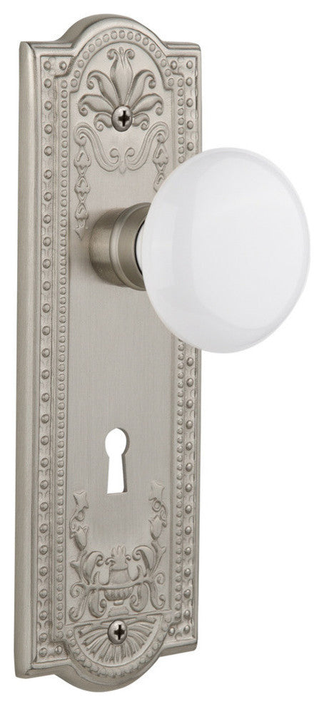 Single Meadows Plate With White Porcelain Knob, Satin Nickel