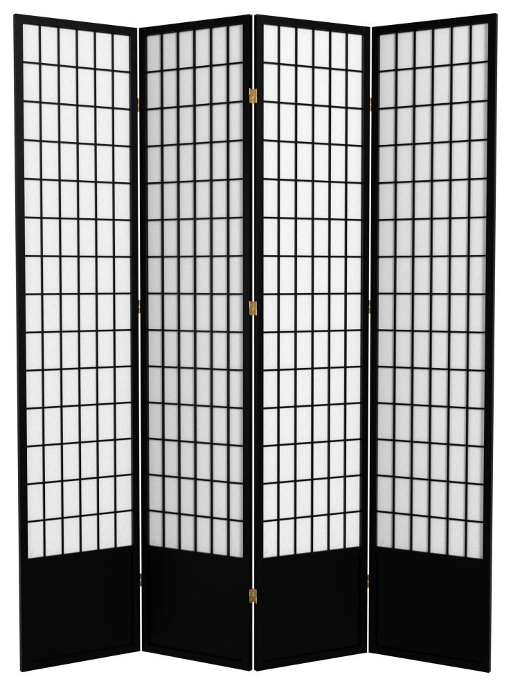 7' Tall Window Pane Shoji Screen, Black, 4 Panels