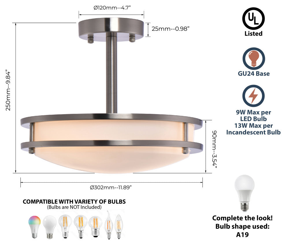 Lazzur Loire 2 Light 12" Satin Nickel Semi-Flush Mount Ceiling Light