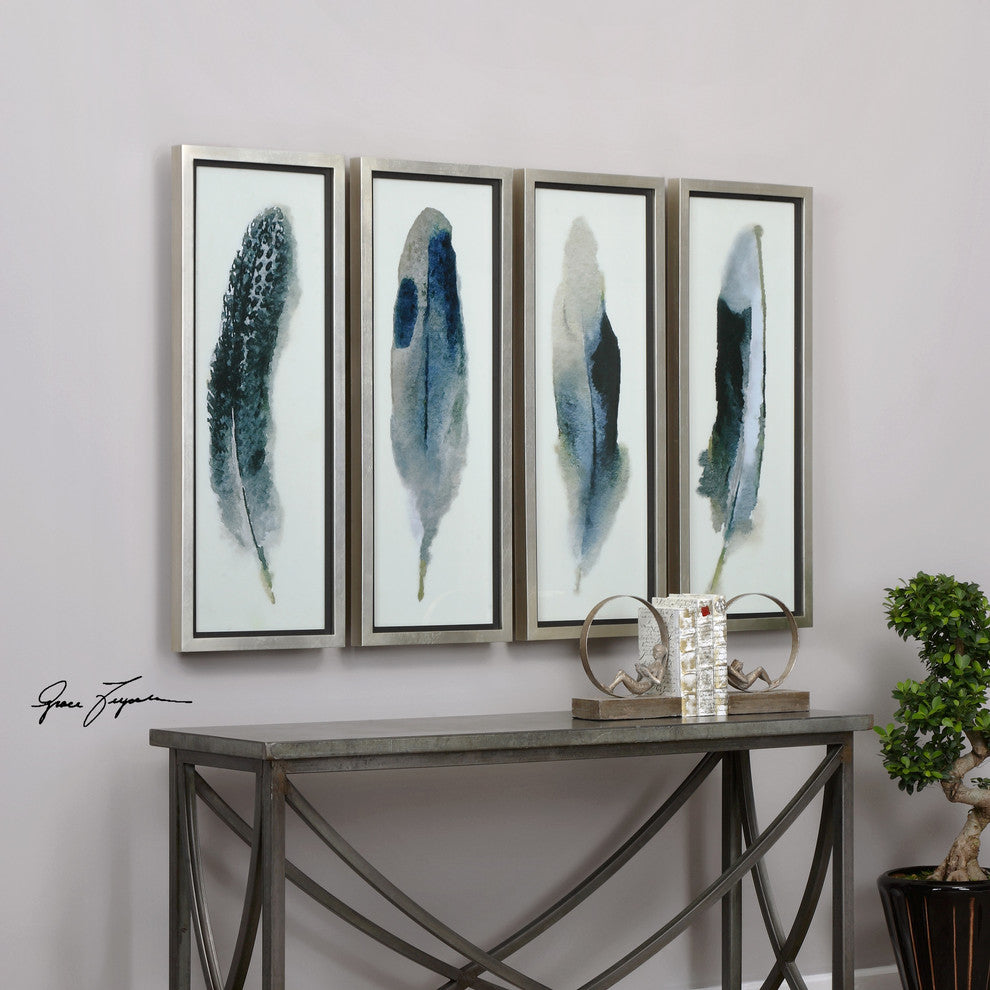 4-Piece Large Tall Black White Feather Wall Art Set, Modern Silver Contemporary