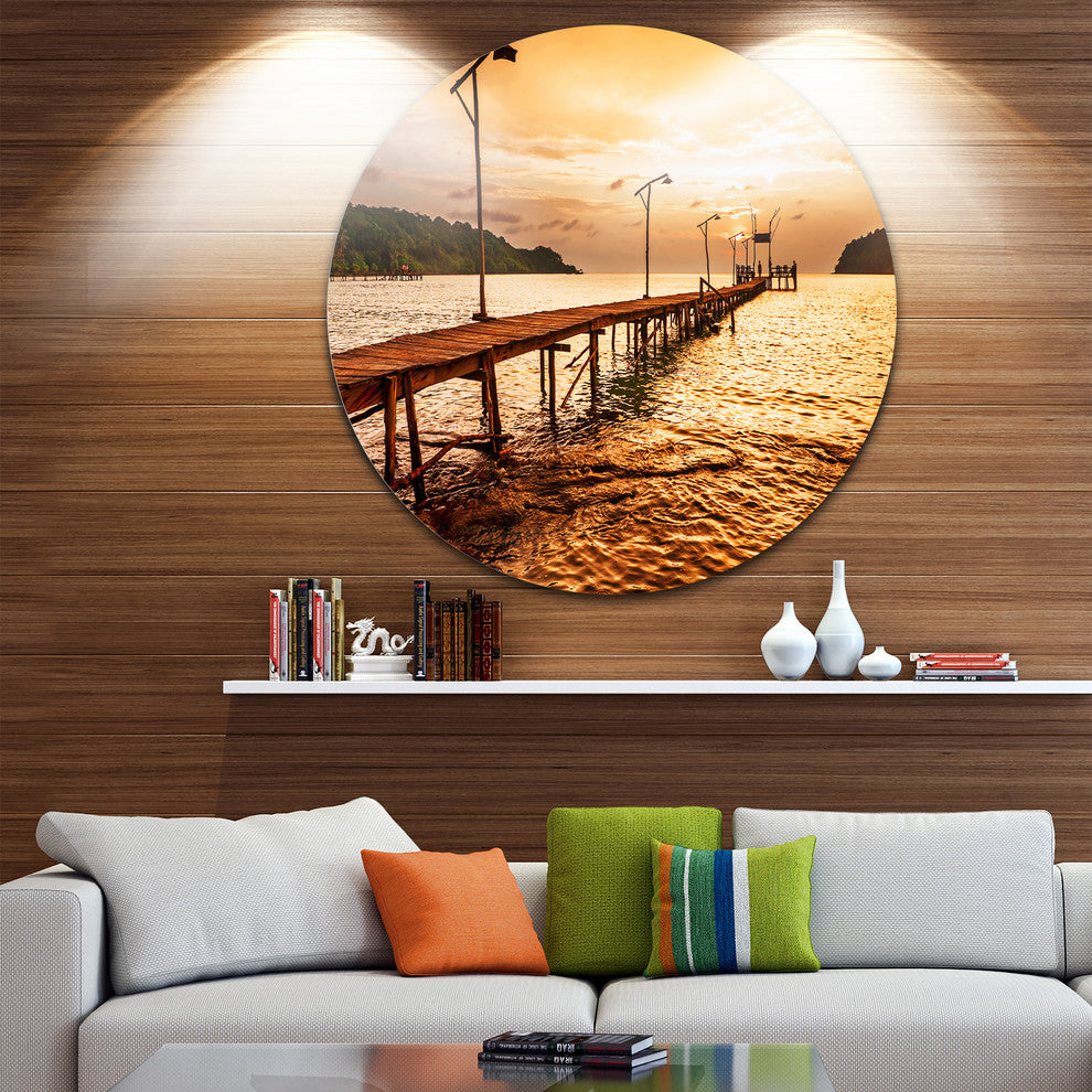 Sunset Over Brown Sea, Seascape Photo Large Disc Metal Wall Art, 23"