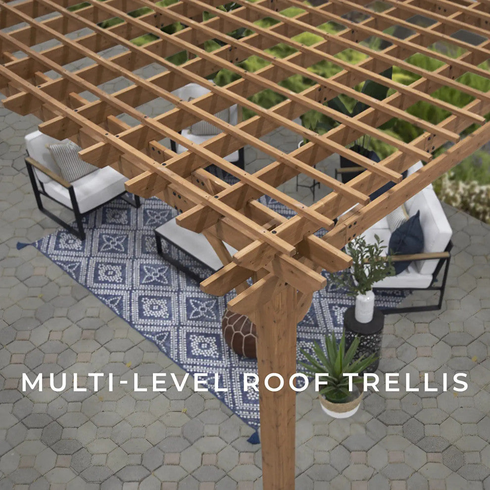 Weather Resistant Pergola with Electrical and USB Ports and Stained Cedar Frame, 16ft X 12ft