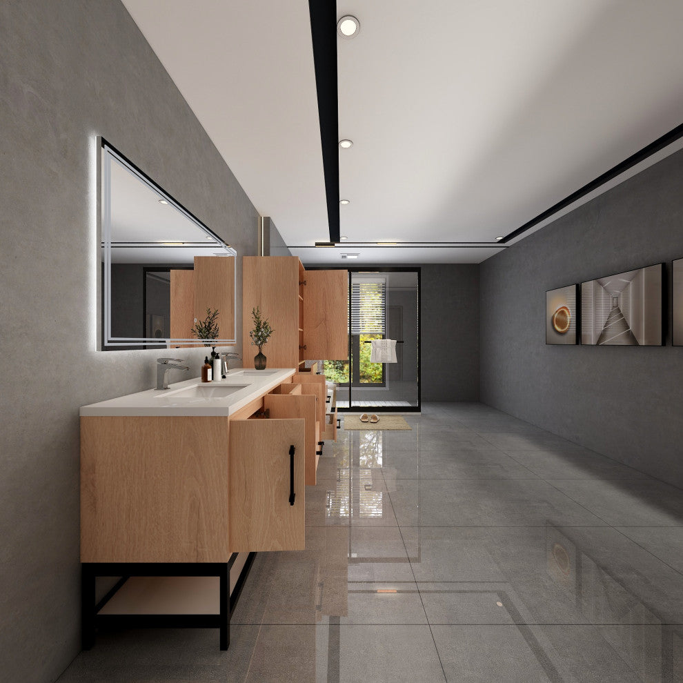 Victoria 60'' Solid Wood Open Shelf Bath Vanity Double Sink, Red Oak