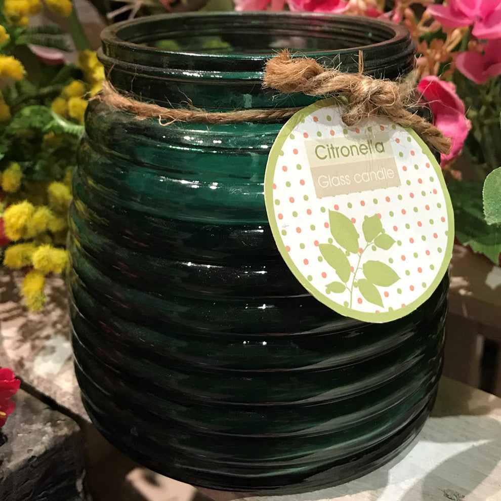 2 Piece Citronella Candle Set, Green and Clear Glass Pots