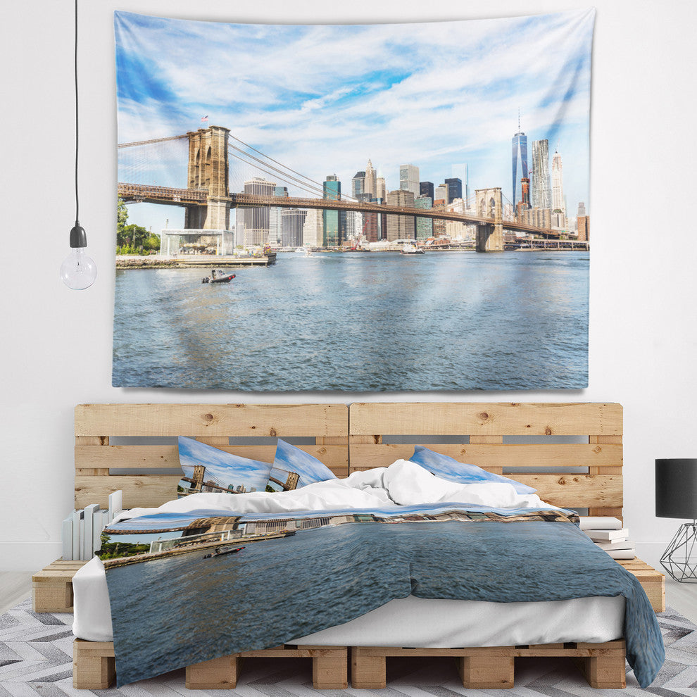 Summer Day Brooklyn Bridge Cityscape Wall Tapestry, 39"x32"