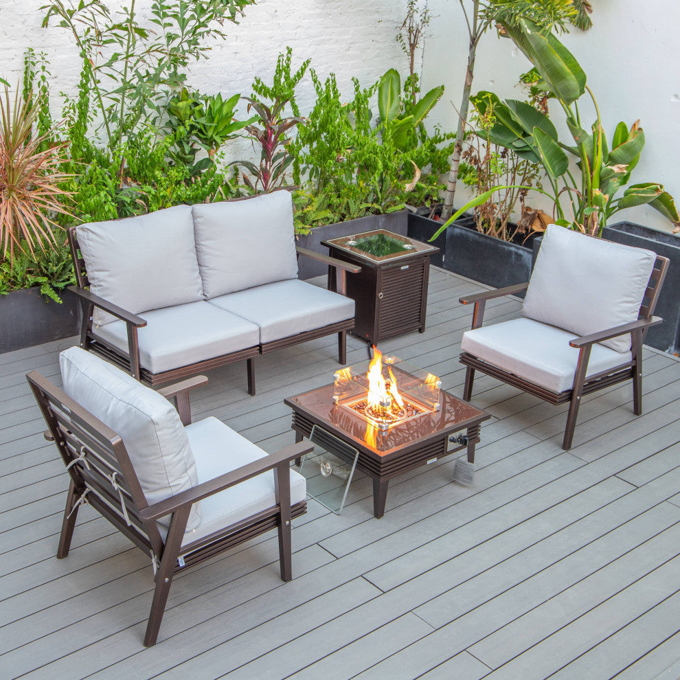 LeisureMod Walbrooke Patio Conversation Set With Fire Pit Table, Light Grey