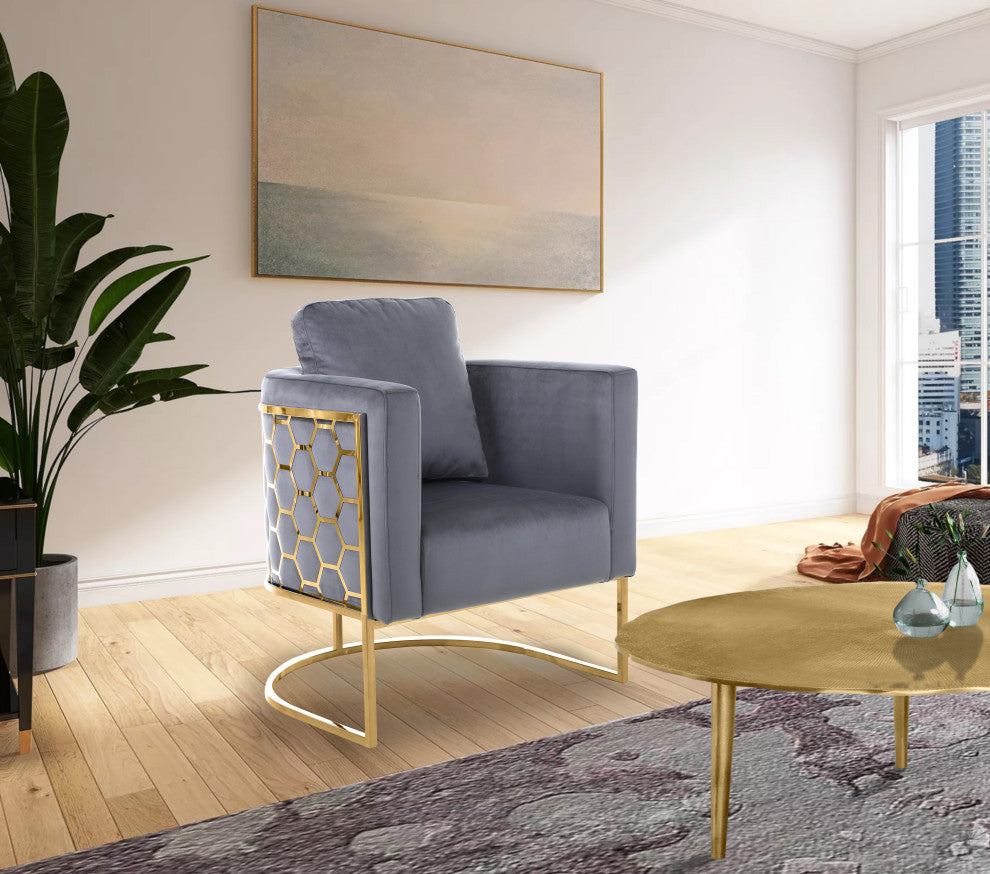 Casa Velvet Upholstered Chair, Grey, Gold Finish
