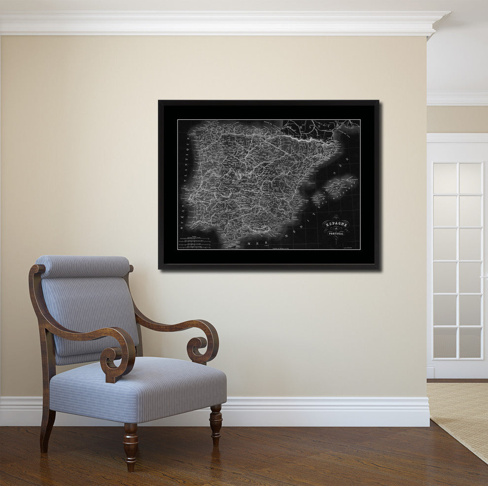 Spain Portugal Vintage Monochrome Map Canvas, 28"x37"
