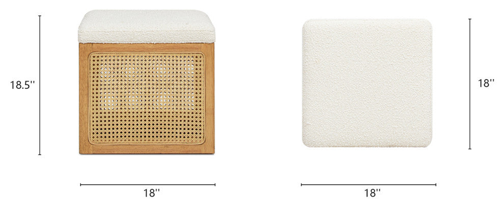 Nina 18" Cane Webbing Cube Ottoman, Ivory White Boucle
