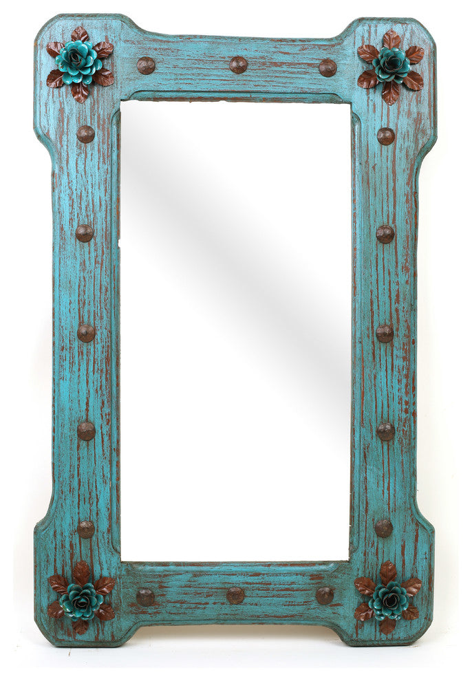 Turquoise Bloom Large Rustic Mirror
