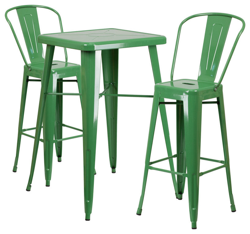 23.75" Square Green Metal Indoor-Outdoor Bar Table Set with 2 Stools with Backs