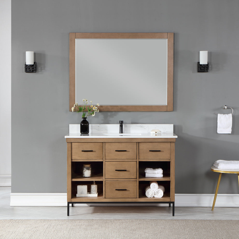 Kesia Brown Pine Bathroom Vanity Set, 48", With Mirror