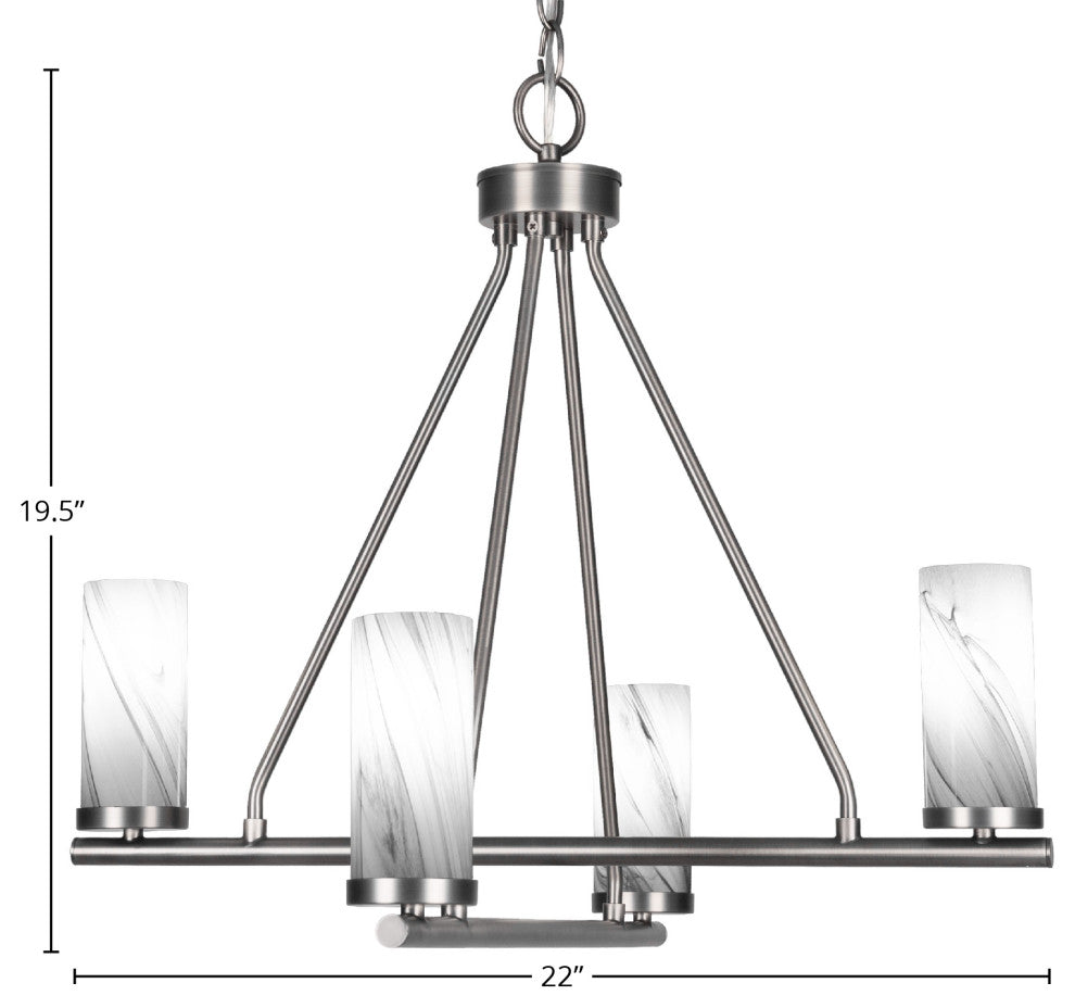Trinity 4 Light Chandelier Shown, Graphite Finish With 2.5" Onyx Swirl Glass