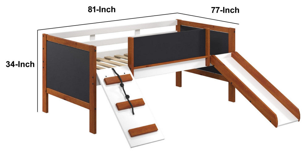 Benzara BM284033 Classic Wood Twin Loft Bed With Slide, Brown, White