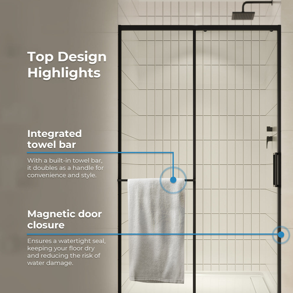 Zora Sliding Clear Alcove Shower Door, Black, 48"
