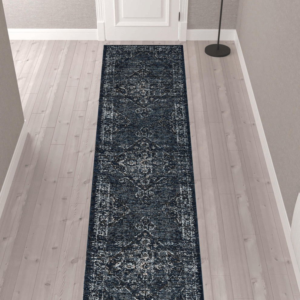 12' Runner Blue and Brown Oriental Power Loom Runner Rug
