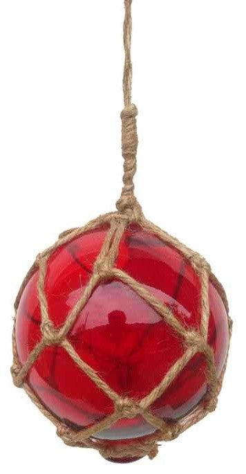 Red Japanese Glass Ball Fishing Float With Brown Netting Decoration 4'', Glass