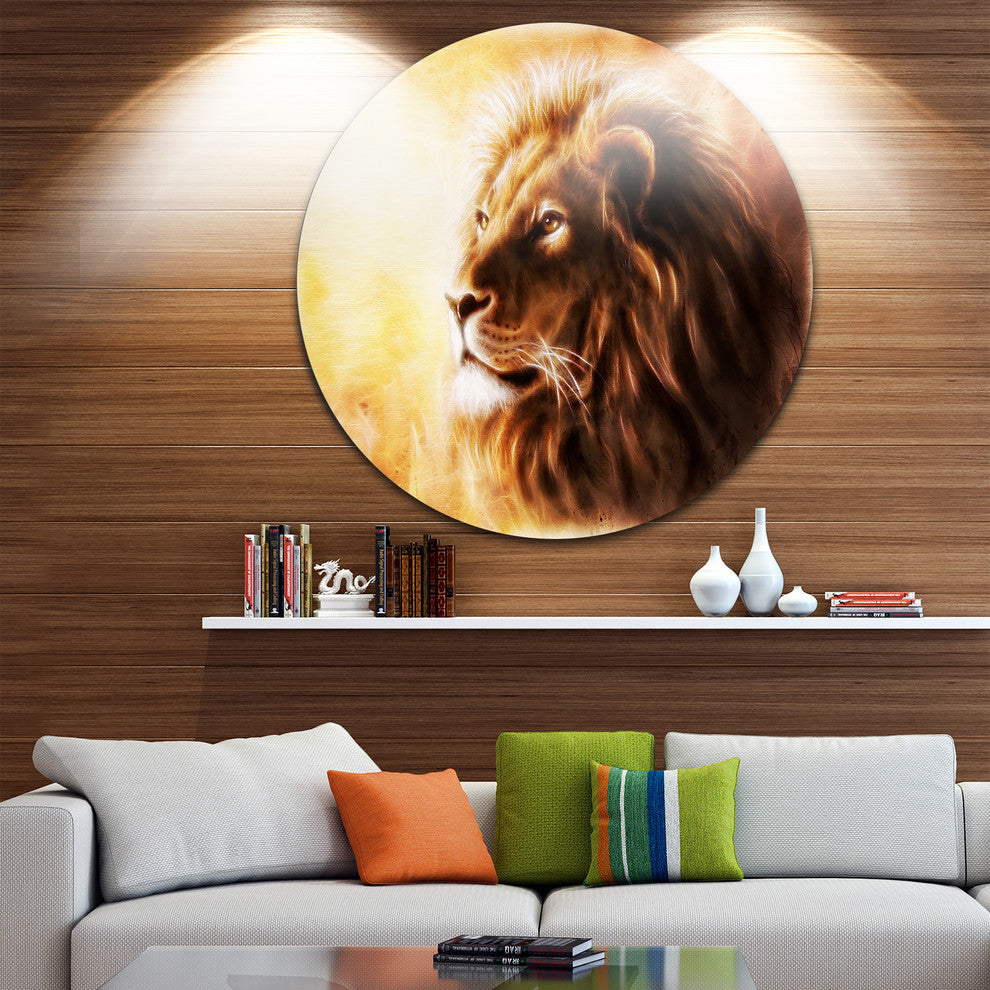 Brown Lion Fractal, Digital Art Animal Large Disc Metal Wall Art, 23"