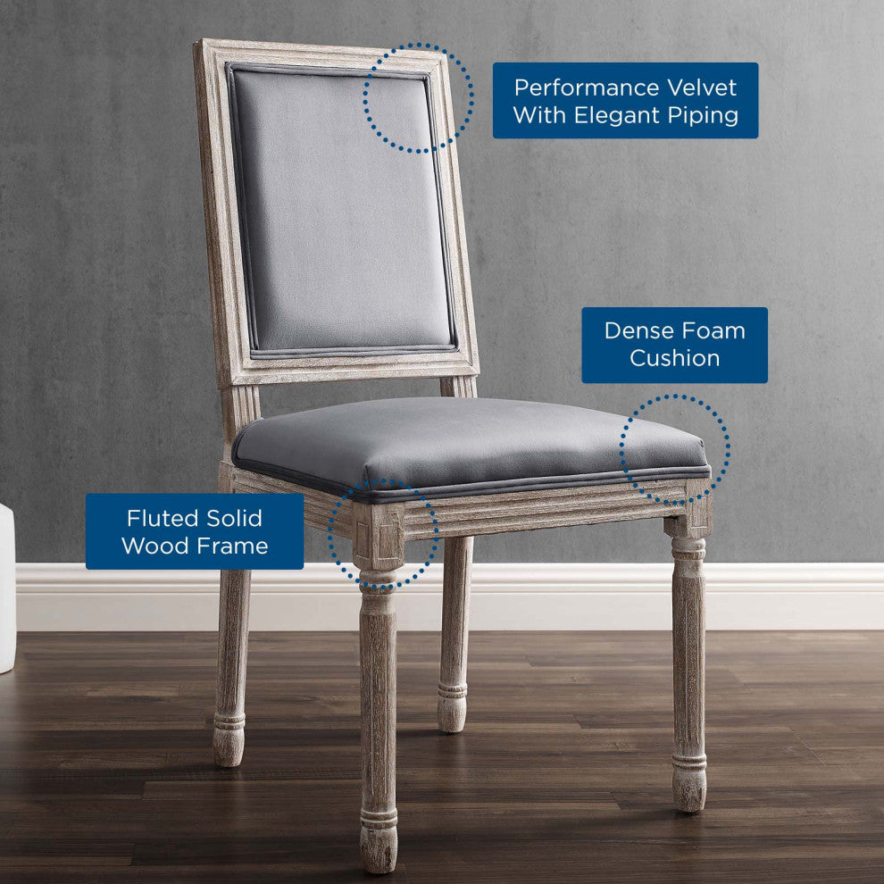 Court French Vintage Performance Velvet Dining Side Chair Natural Gray