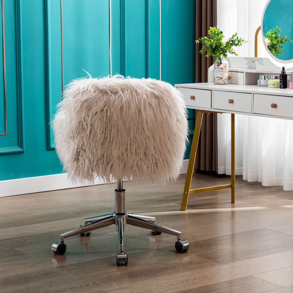 Modern Faux fur home office chair, fluffy chair for girls, White