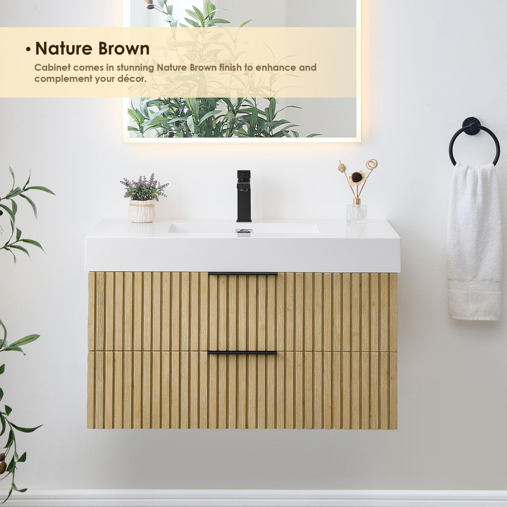 Livia Wall-mounted Bathroom Vanity, Nature Brown, 36inch, No Mirror