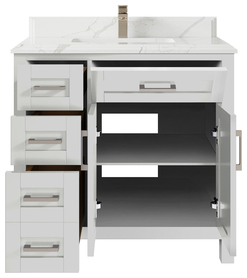 Cambridge 36 Center Sink Bath Vanity in Coventry Gray 1.5" Calacatta Laza