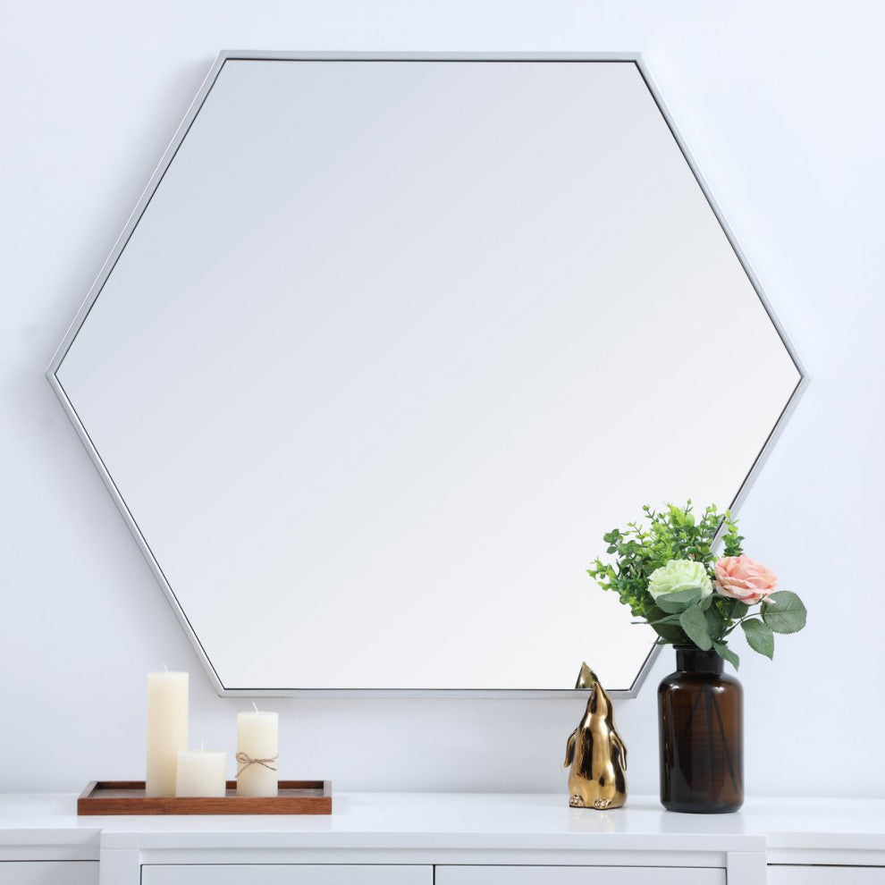 Elegant Decker Metal Frame Hexagon Mirror 38" MR4538S - Silver