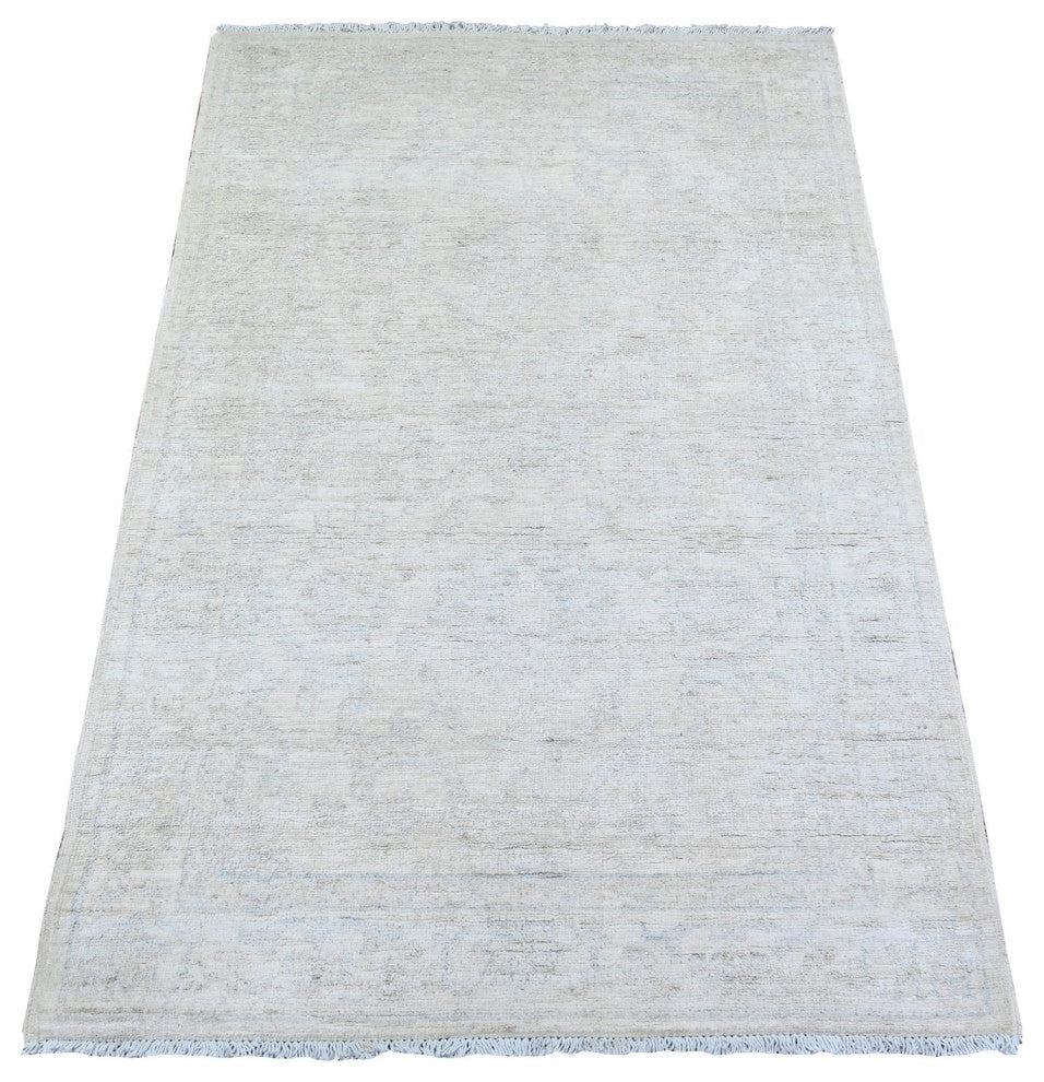 Delicate White 100% Wool Hand Knotted Washed Out Peshawar Oriental Rug 3'x5'